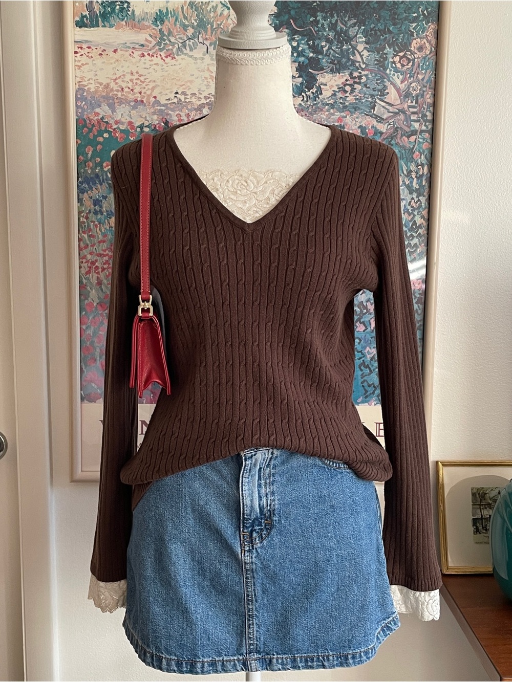 Vintage Y2K Sweater Womens Small Brown Cable Knit Lace Trim Preppy Dark Academia